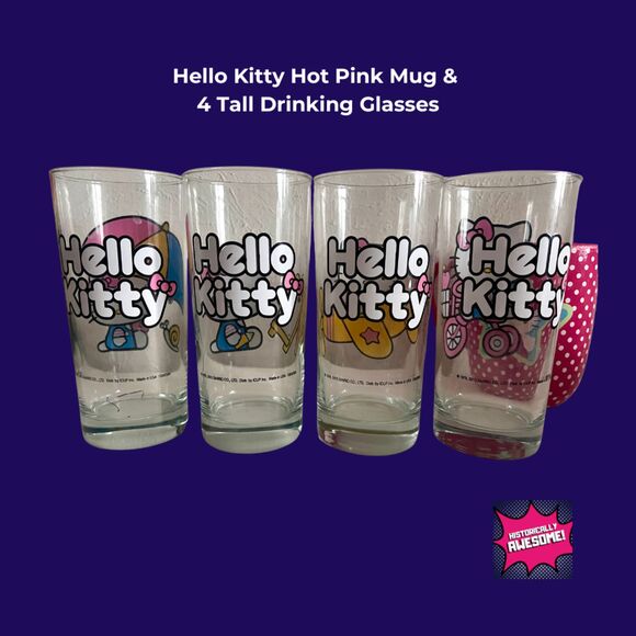RARE Hello Kitty Glassware Unused— Hot Pink Mug and 4 tall drinking glasses - Picture 3 of 4